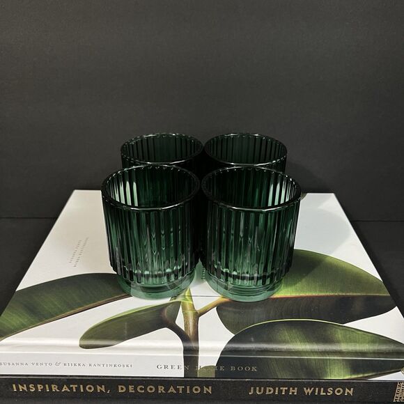 Ribbed Glass Votive Candle Holder Set of 4 Emerald Green Round Holiday Decor - Picture 5 of 17